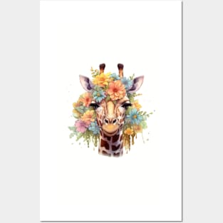 Vintage Majesty: Elegant Giraffe with Floral Crown" Posters and Art